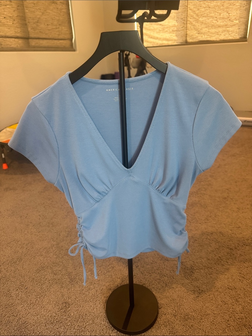 American Eagle Outfitters Sky Blue V-Neck Short Sleeve Ruched Crop Top